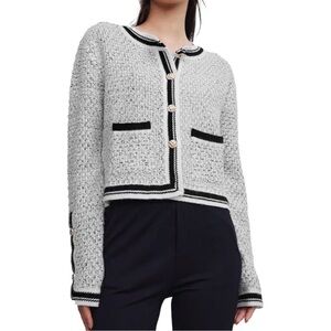 Classic Tweed Knit Cardigan Jacket - White with Black Trim